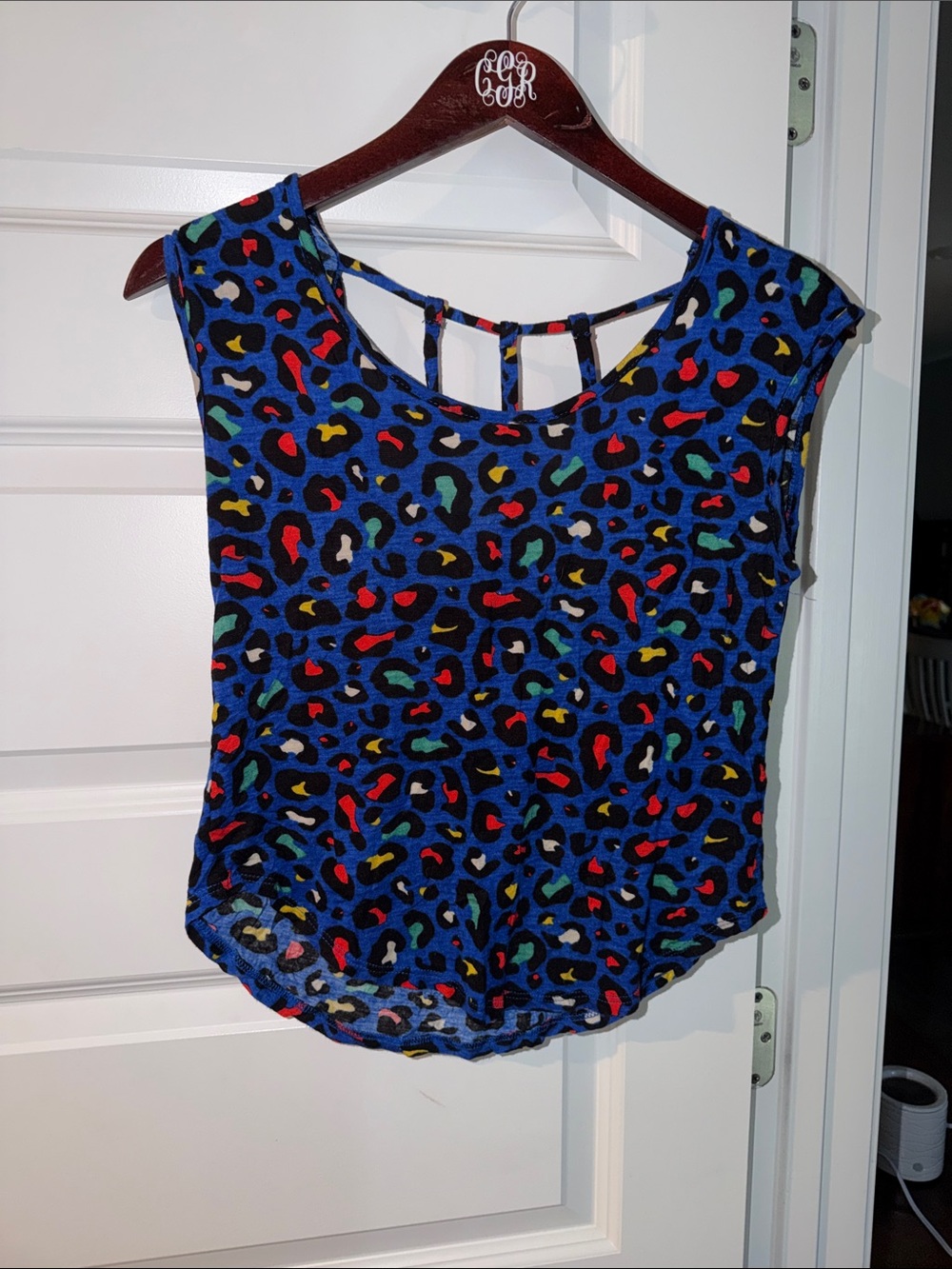 Edge Funky Red Blue and Yellow Cow print Blouse top with cut out back Detail S